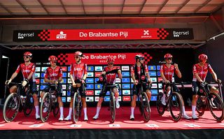 BEERSEL BELGIUM APRIL 18 Cedric Beullens of Belgium Sebastien Grignard of Belgium Arjen Livyns of Belgium Milan Menten of Belgium Alec Segaert of Belgium Henri Vandenabeele of Belgium Jonas Gregaard of Denmark and Team LottoDstny prior to the 65th De Brabantse Pijl La Fleche Brabanconne 2025 Mens Elite a 1626km one day race from Beersel to Overijse on April 18 2025 in Beersel Belgium Photo by Luc ClaessenGetty Images