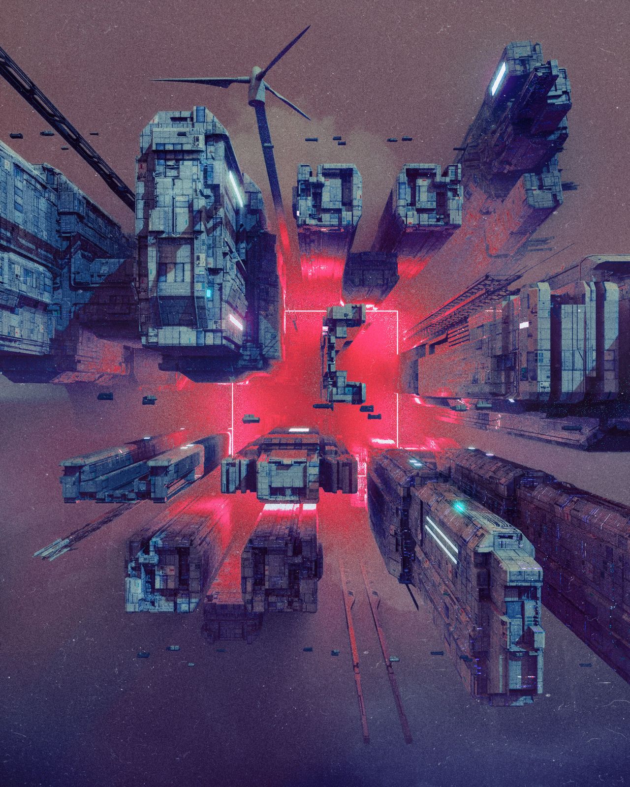 Image depicts sci-fi landscape of buildings from above, shown against a red backdrop