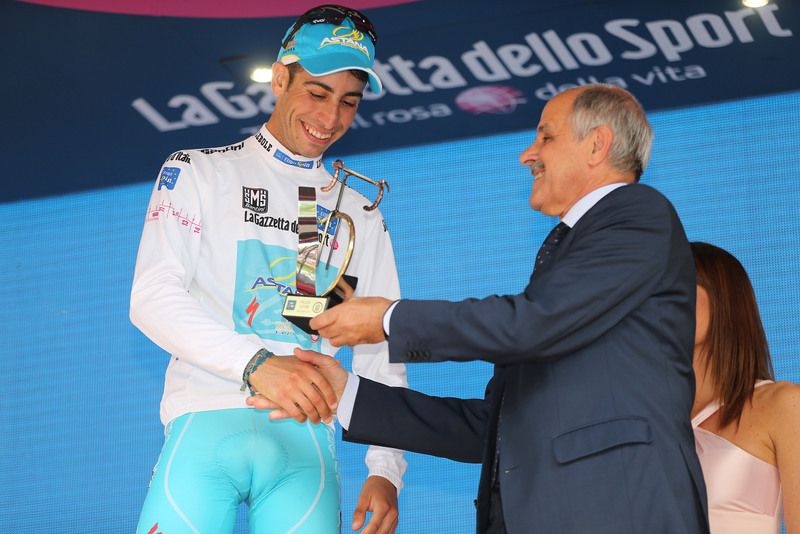 Fabio Aru is awarded his trophy for best young rider