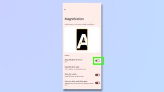 Screenshots showing the steps to setting up on-screen magnifier on Android 14 phone - Use toggle to turn on magnification