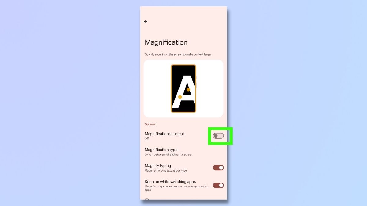 Снимки экрана, показывающие шаги по настройке экранной лупы на телефоне Android 14. Чтобы включить увеличение, используйте переключатель.