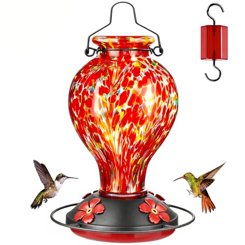 Tegarbed Hand Blown Glass Hummingbird Feeders for Outdoors Hanging, 24oz Wild Bird Nectar Feeder With Ant Moat and Perch, Bee-Resistant Ports, Garden Decor, Gifts for Women Mom, 1 Pack, Red Polka Dots