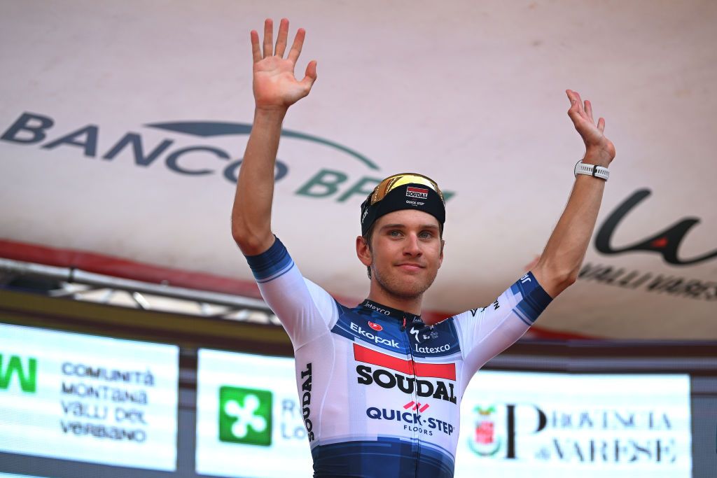 VARESE ITALY OCTOBER 03 Ilan Van Wilder of Belgium and Team Soudal Quick Step celebrates at podium as race winner during the 102nd Tre Valli Varesine 2023 a 19654km one day race from Busto Arsizio to Varese on October 03 2023 in Varese Italy Photo by Dario BelingheriGetty Images