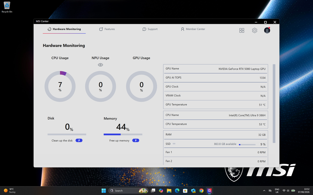 MSI Center software running on an MSI Stealth 16 AI+ gaming laptop.