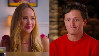 Jennifer Lawrence in No Hard Feelings/ Connor Wood in Dancing with the Stars confessional (side by side image) 