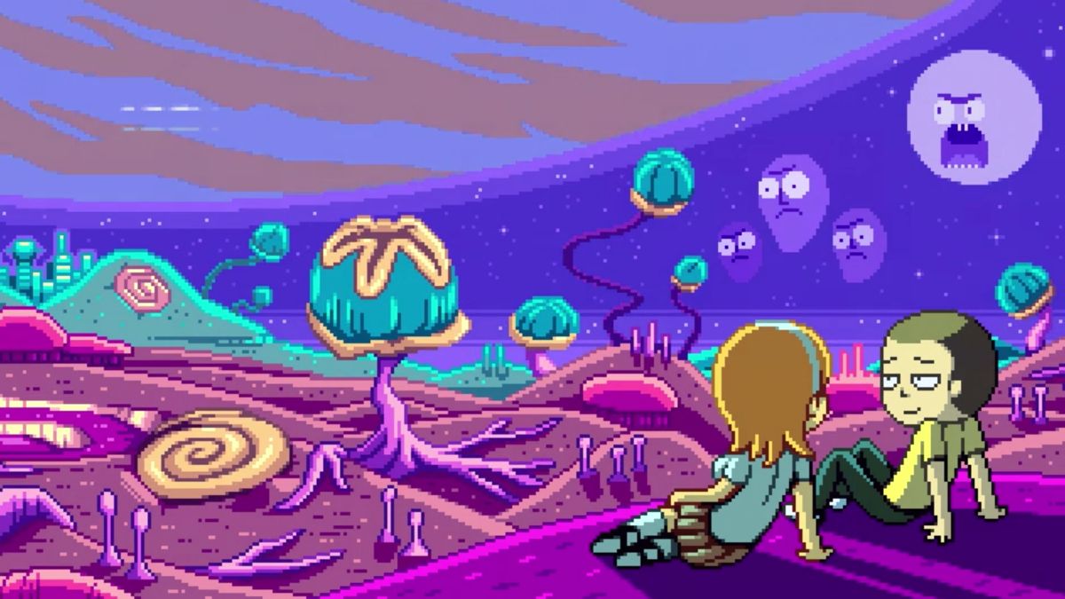 A still from the animated series Ambient Swim featuring Morty lounging on a planet