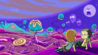 Uma imagem da série animada Ambient Swim com Morty descansando em um planeta