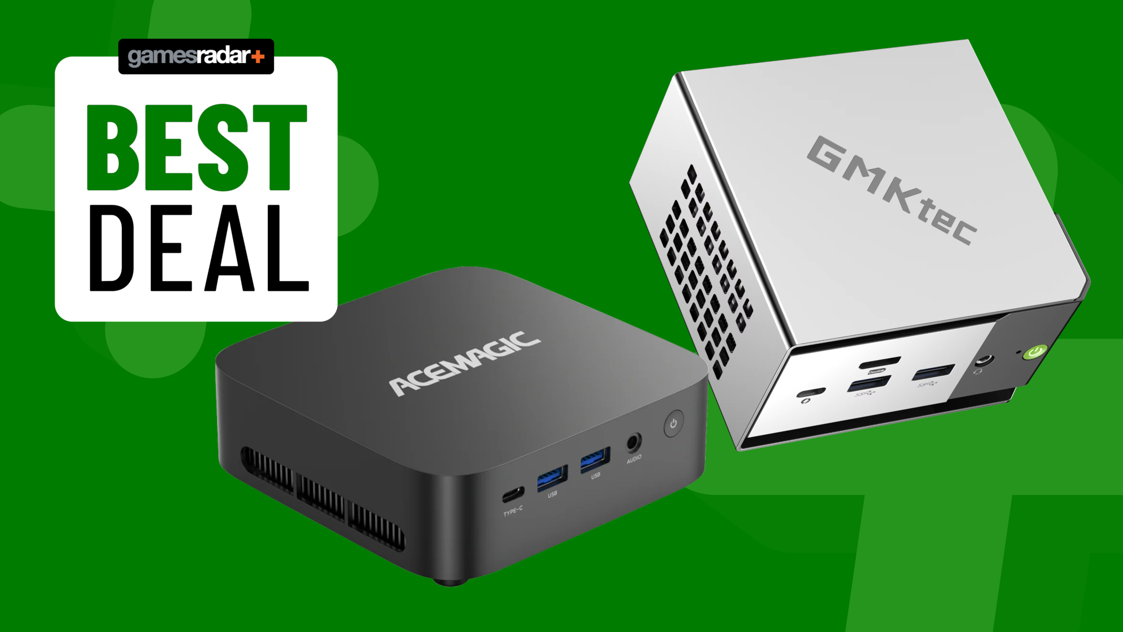 GMKtec and Acemagic mini PCs on a green background with best deal badge