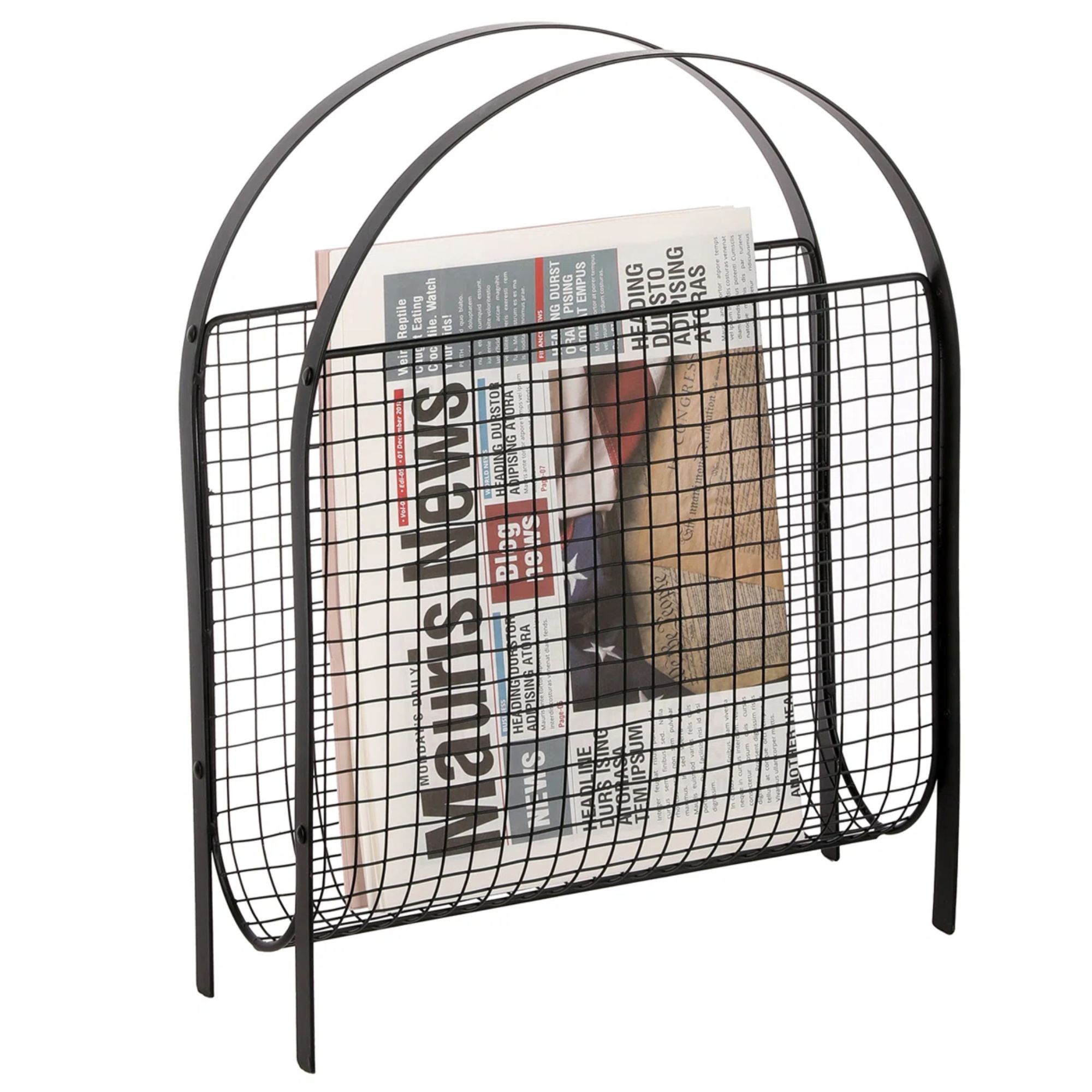 A black metal magazine rack with a newspaper inside