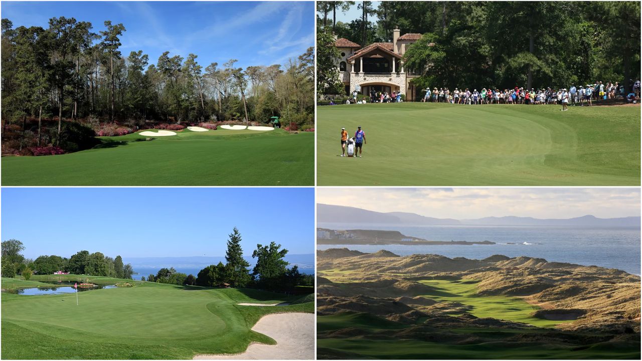 General view of Augusta National (top left), The Club at Carlton Woods (top right), Evian Resort Golf Club (bottom left), and Royal Portrush Golf Club (bottom right)