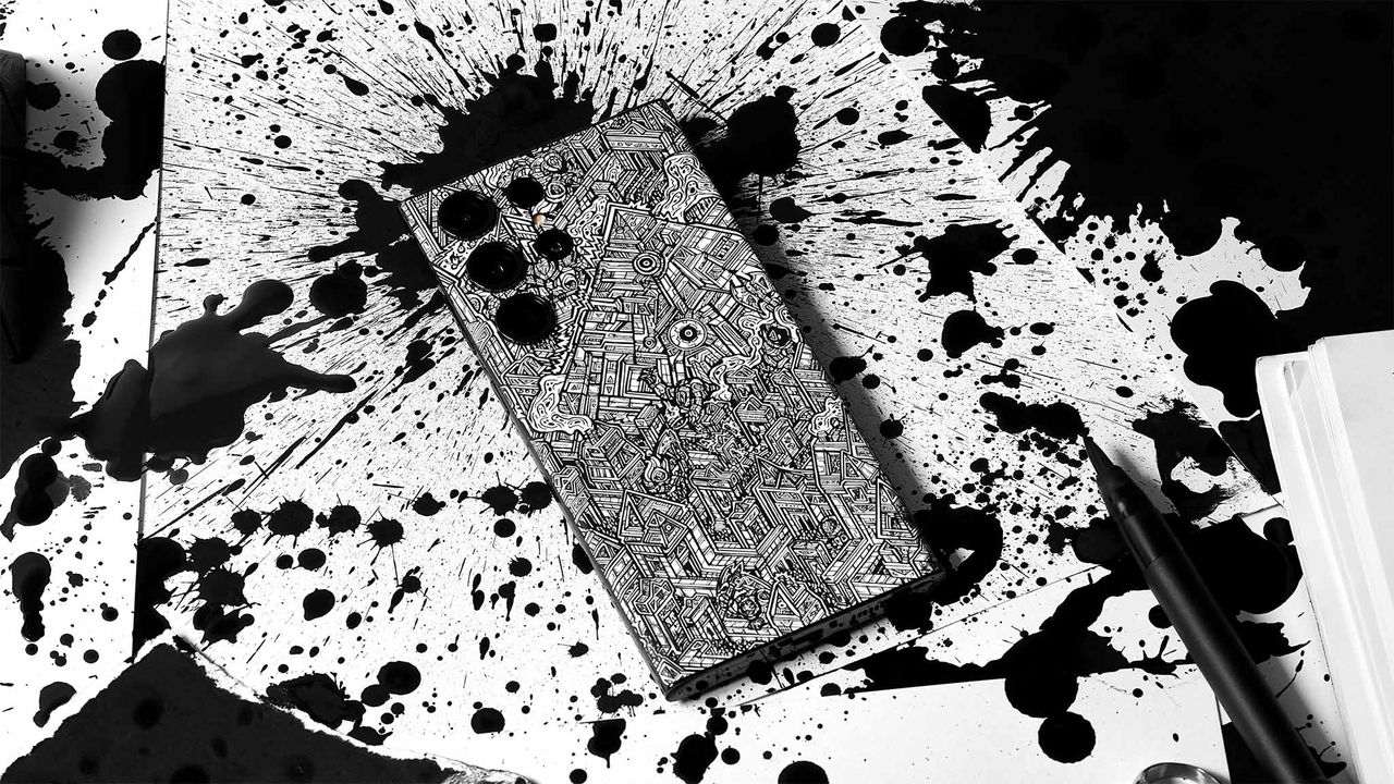 Dbrand Robot City skin on phone.