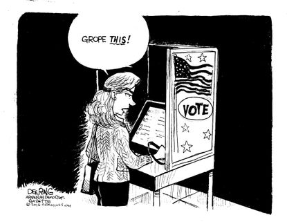 Political cartoon U.S. 2016 election women voters assault allegations