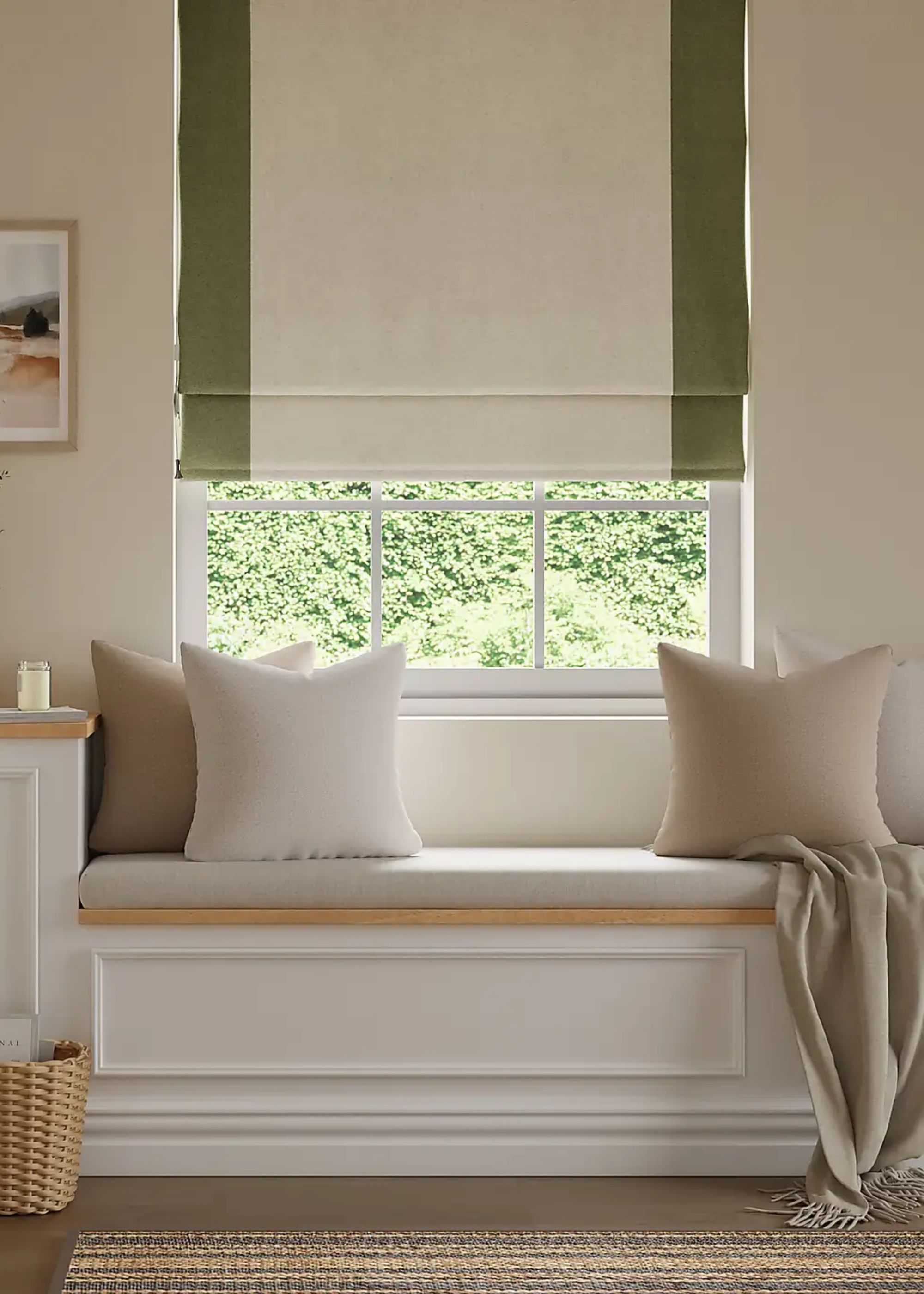 ready made blinds in a bedroom next to a bench with pillows and a throw on top
