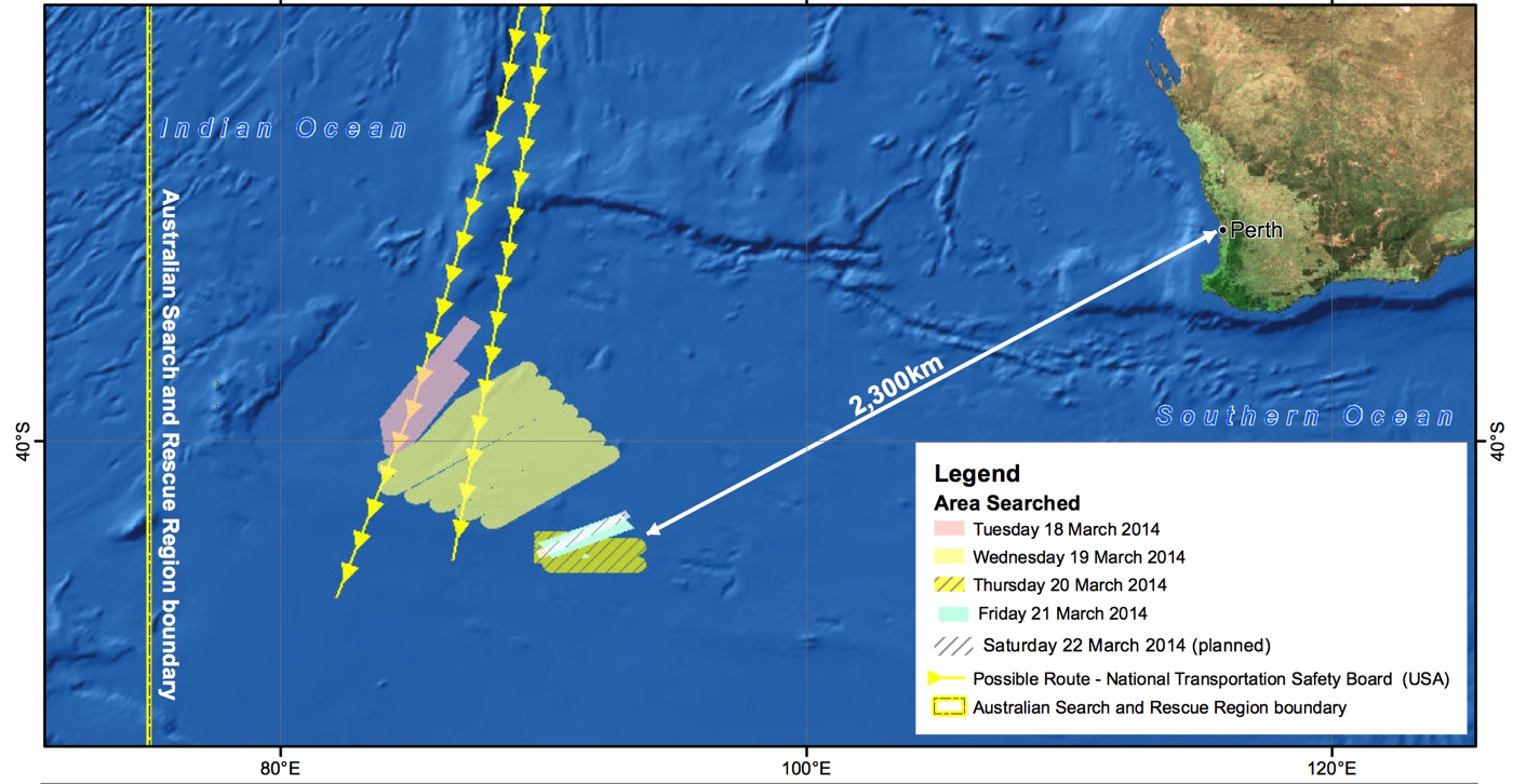 A map showing the area searched in the Indian Ocean through March 21 for the missing Malaysia Airlines Flight 370, which disappeared from radar screens on March 8 less than an hour after departing, with 239 people onboard, from Kuala Lumpur en-route for B