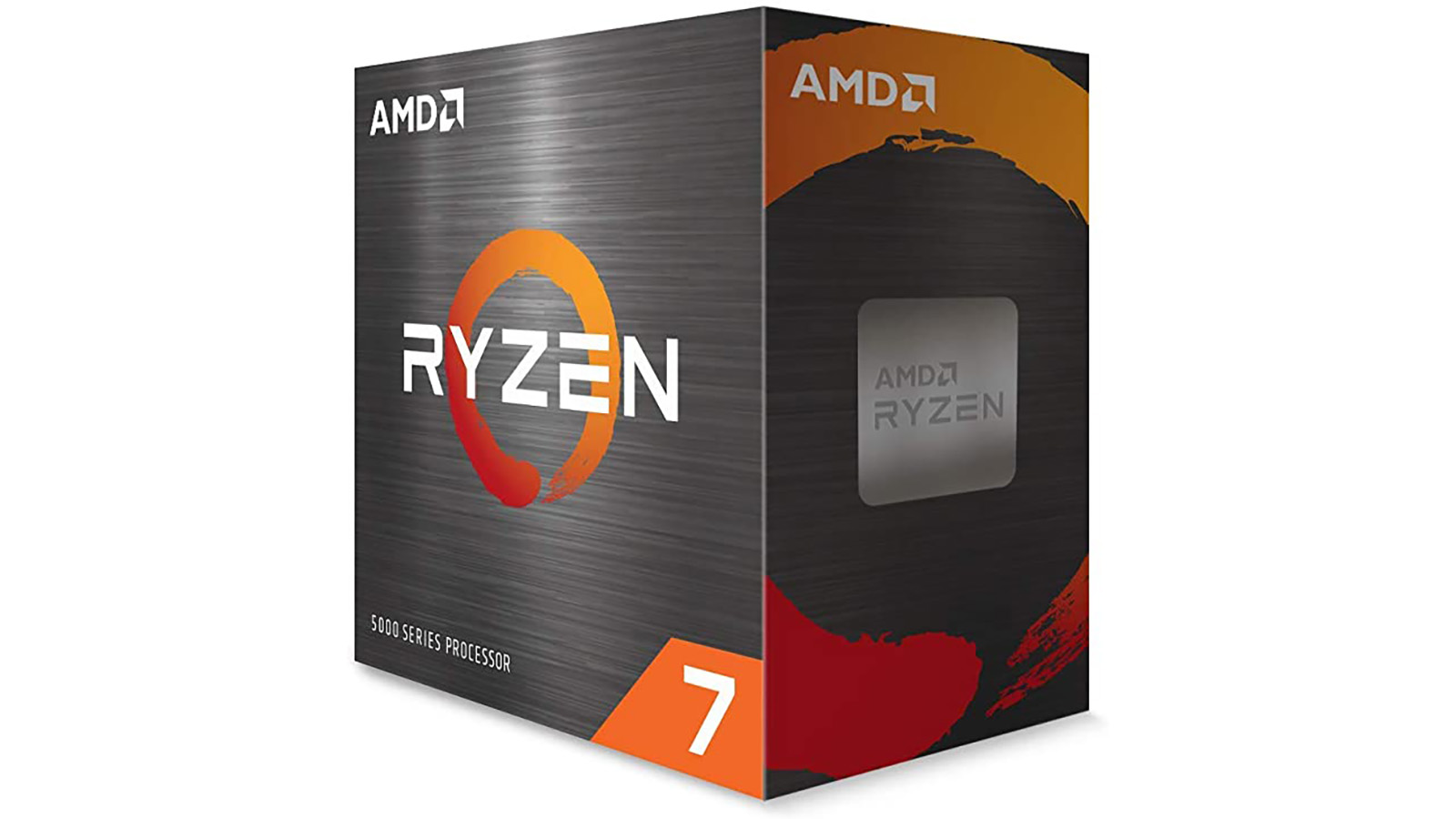 AMD Ryzen 7 5000 -suorittimen myyntipakkaus valkoista taustaa vasten