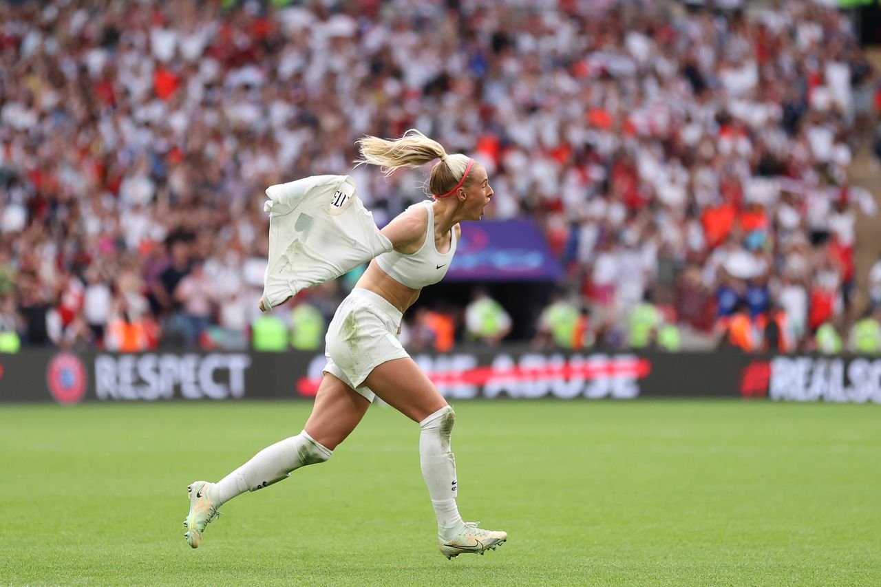 Chloe Kelly celebrates after scoring the winning goal in the women's 2022 Euro final