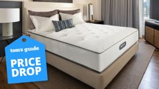 The Marriott Innerspring Mattress on a bed frame in a Marriott Hotel room, a Tom's Guide price drop deals graphic (left)