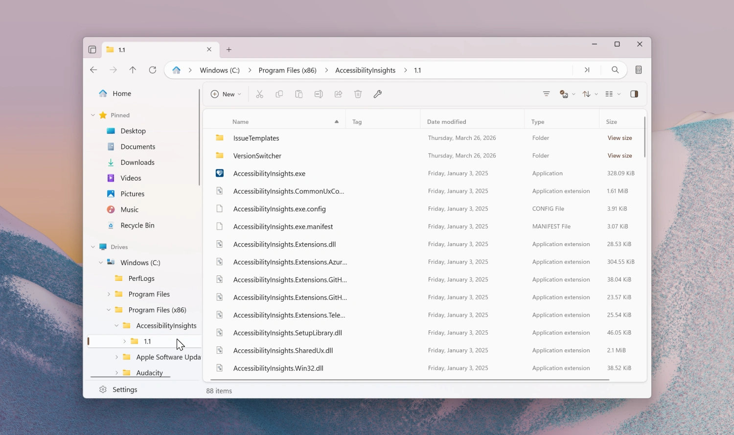 A screenshot of the third-party Files app showcasing the new Tree View feature in the left sidebar, displaying an expanded, nested folder hierarchy under the Windows (C:) drive.