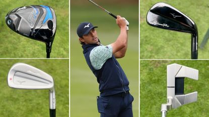 Marco Penge hitting an iron shot and four of his clubs