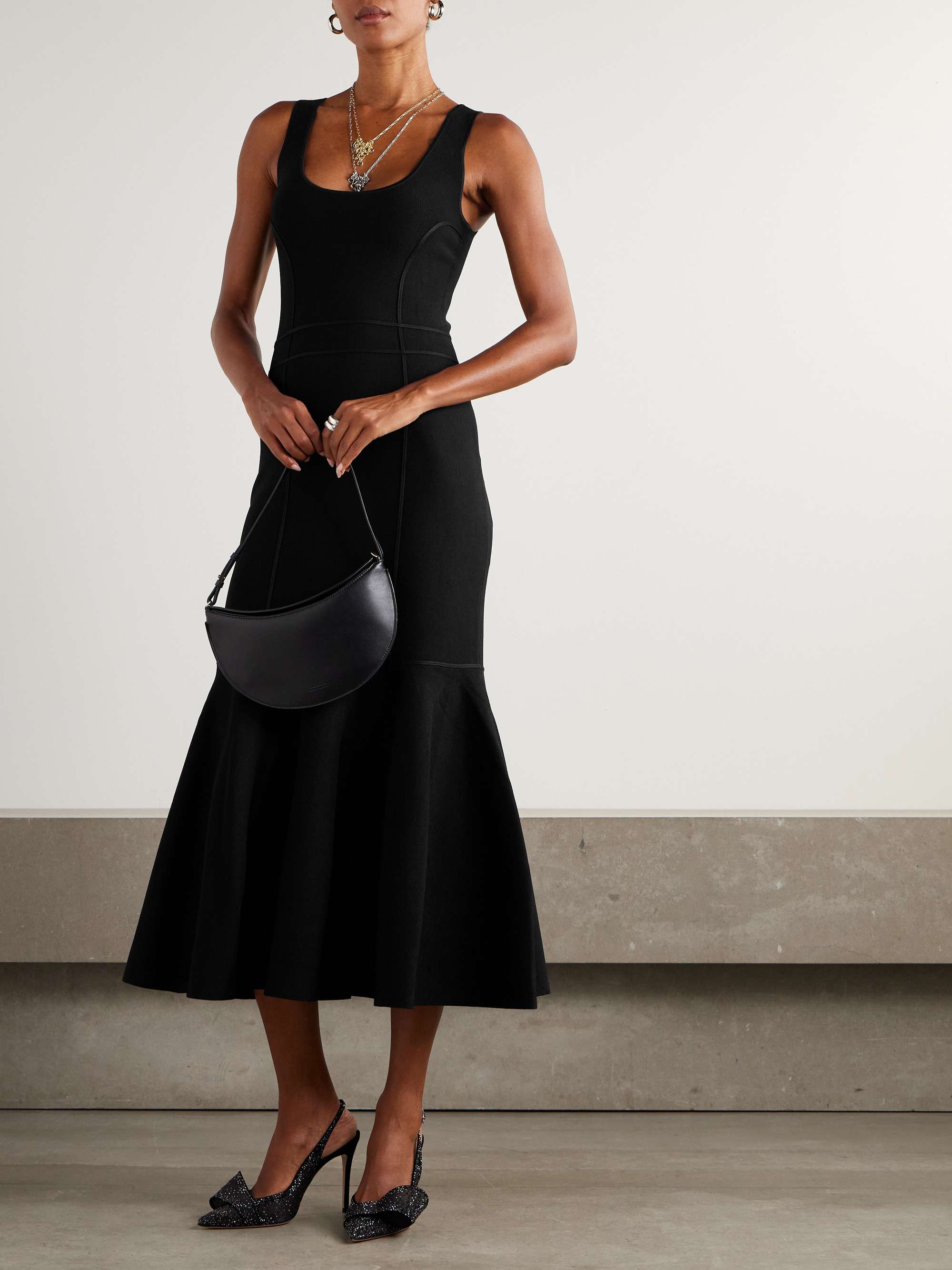 Paneled Ruffled Knitted Midi Dress