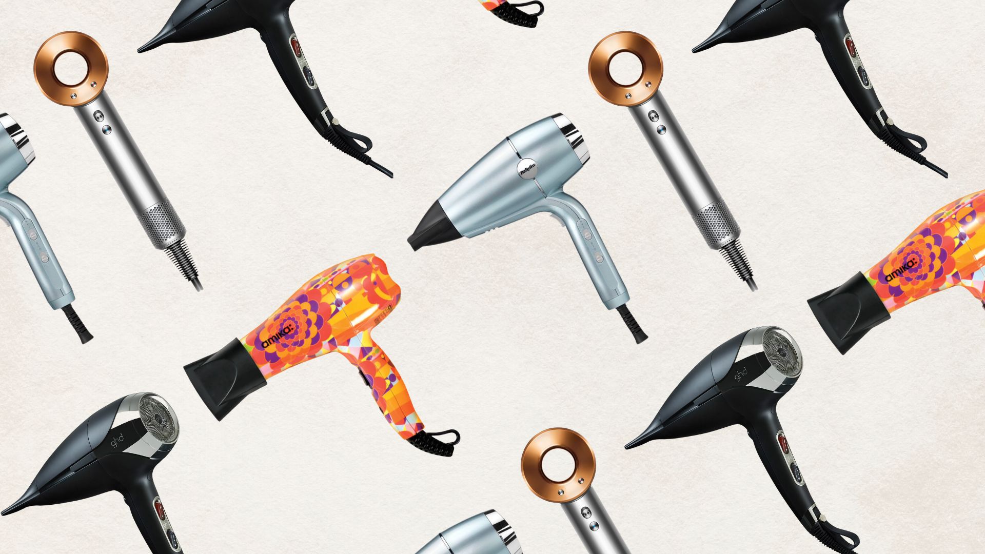 four of our best hair dryers for Afro hair - ghd Helios, Amika Might mini, Babyliss hair dryer and Dyson Supersonic - on a beige background