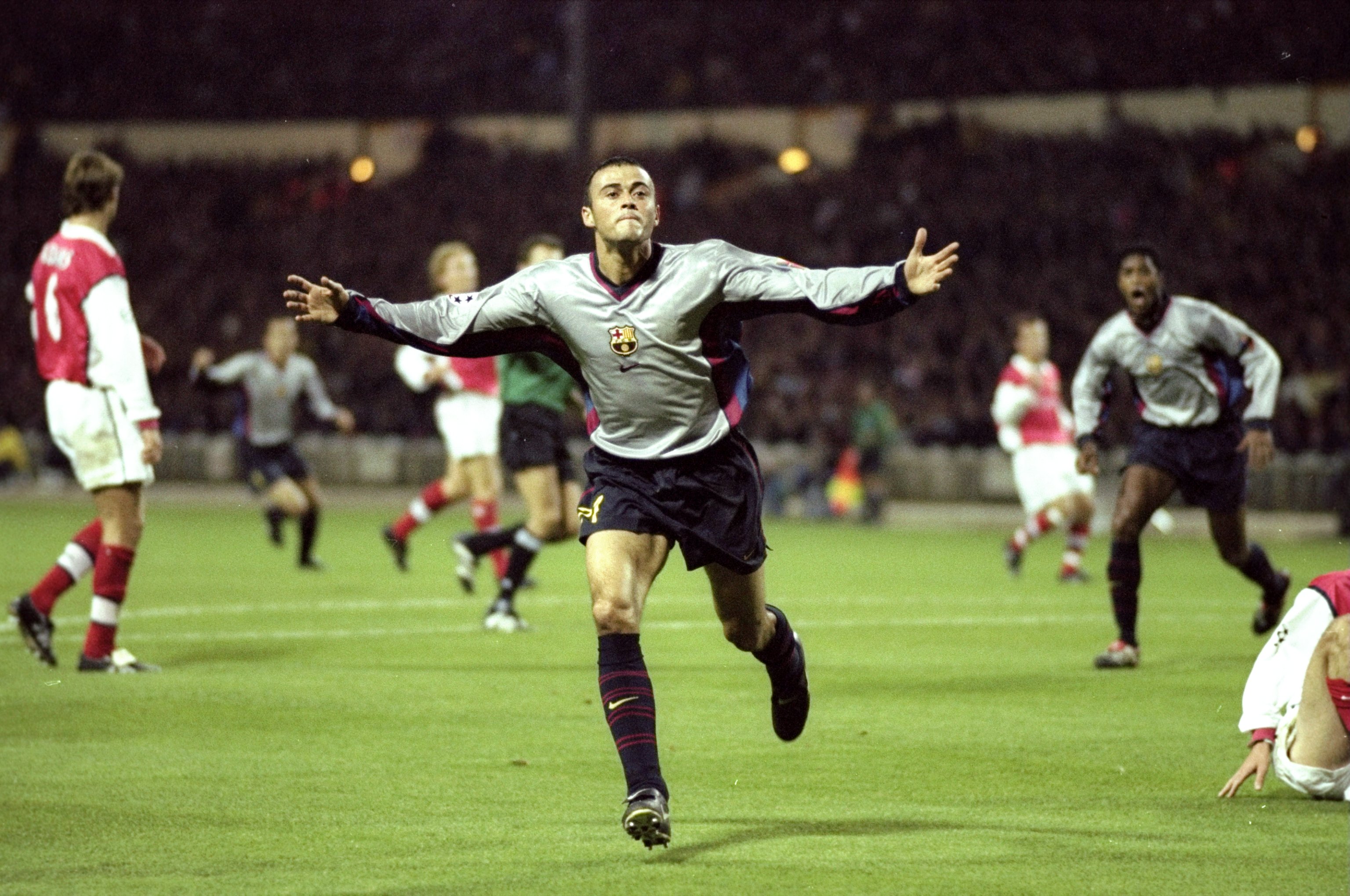 Luis Enrique celebrates a goal for Barcelona against Arsenal in the Champions League in October 1999.