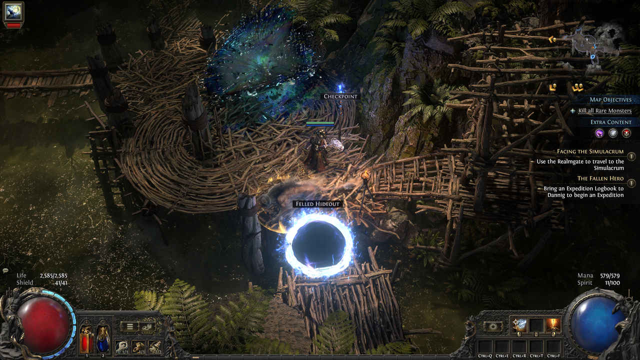 PoE2 Dawn of the Hunt endgame - A Delirium Mirror on a wooden walkway.