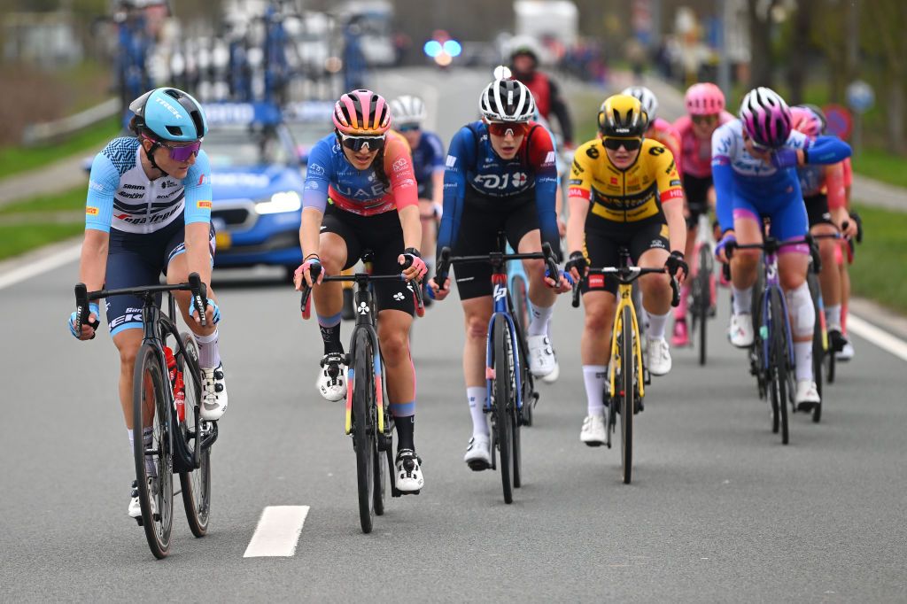 WAREGEM BELGIUM MARCH 29 LR Elisa Longo Borghini of Italy and Team Trek Segafredo Laura Tomasi of Italy and UAE Team Adq Vittoria Guazzini of Italy and Team FDJSuez Noemi Regg of Switzerland and Team JumboVisma compete during the 11th Dwars door Vlaanderen 2023 Womens Elite a 1149km ine day race from Waregem to Waregem DDV23 on March 29 2023 in Waregem Belgium Photo by Luc ClaessenGetty Images