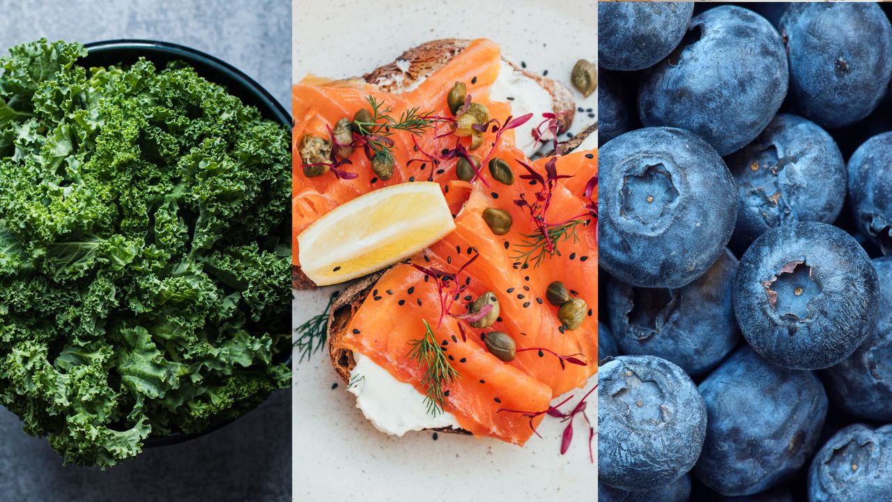 Skin-friendly foods including kale, salmon and blueberry