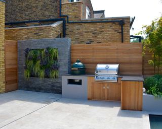 modern outdoor kitchen with stone cladding surrounding a section of living wall
