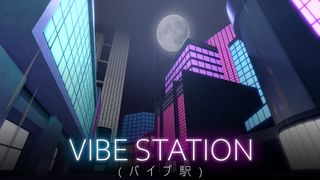 En promobild för Roblox-spelet Vibe Station, med ett gäng skyskrapor i neonfärger under en månklar natt.
