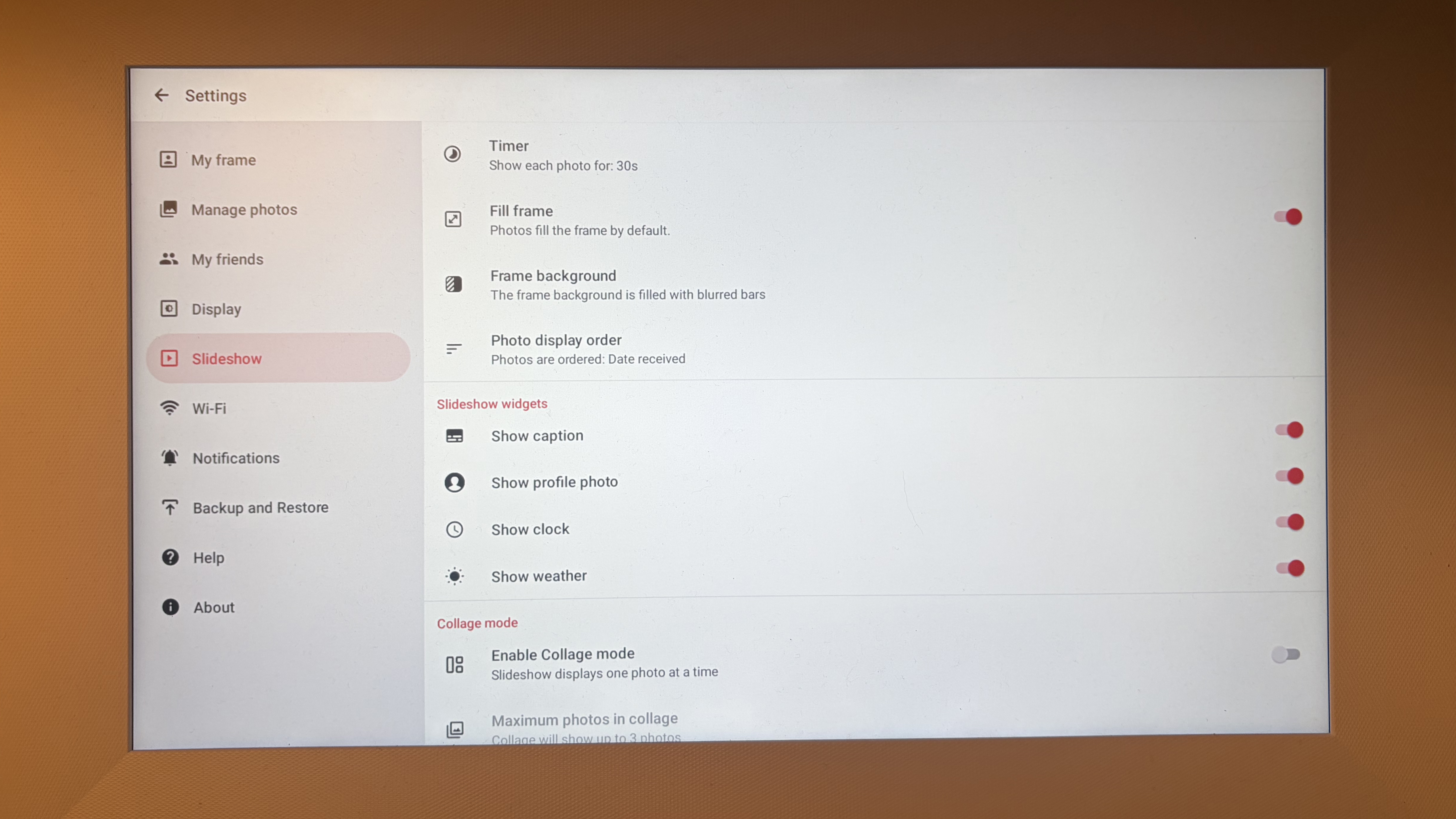 Pexar Starlight digital photo frame showing settings screen