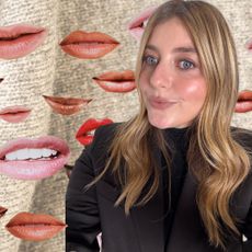 girl on a cashmere sweater background with a collage of lips