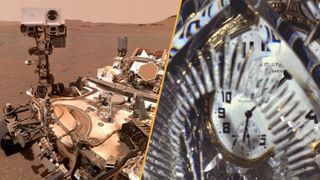 A split image with a photo of a Mars rover on the right and an illustration of a fragmented clock pattern on the right