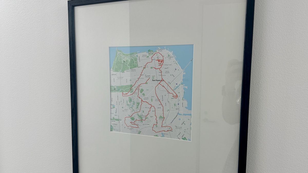 A map showing "GPS art" of Bigfoot over San Francisco