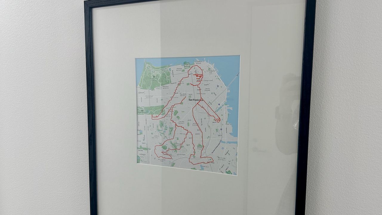 A map showing "GPS art" of Bigfoot over San Francisco