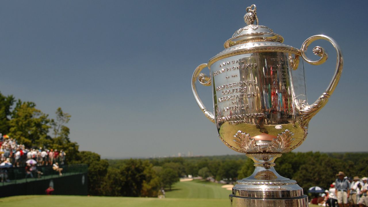 Wanamaker Trophy pictured on the first tee at the PGA Championship