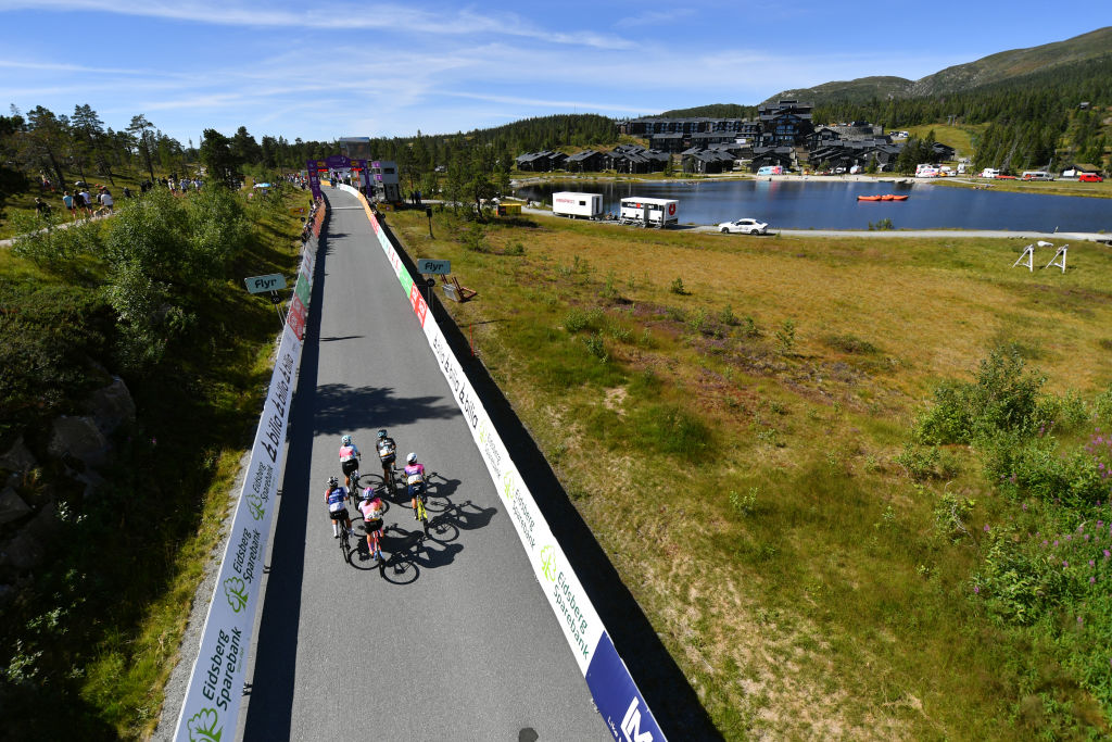 NOREFJELL NORWAY AUGUST 13 Jade Wiel of France and Team FDJ Nouvelle Aquitaine Futuroscope Laura Tomasi of Italy and UAE Team Adq Gladys Verhulst of France and Team Le Col Wahoo Lea Curinier of France and Team DSM and Margaux Vigie of France and Team Valcar Travel Service compete during the 8th Tour of Scandinavia 2022 Battle Of The North Stage 5 a 1274km stage from Vikersund to Norefjell 791m UCIWWT tourofscandinavia TOSC22 on August 13 2022 in Norefjell Norway Photo by Luc ClaessenGetty Images