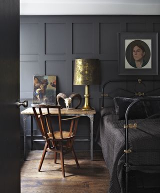 Railings by Farrow & Ball on the walls of a dark bedroom