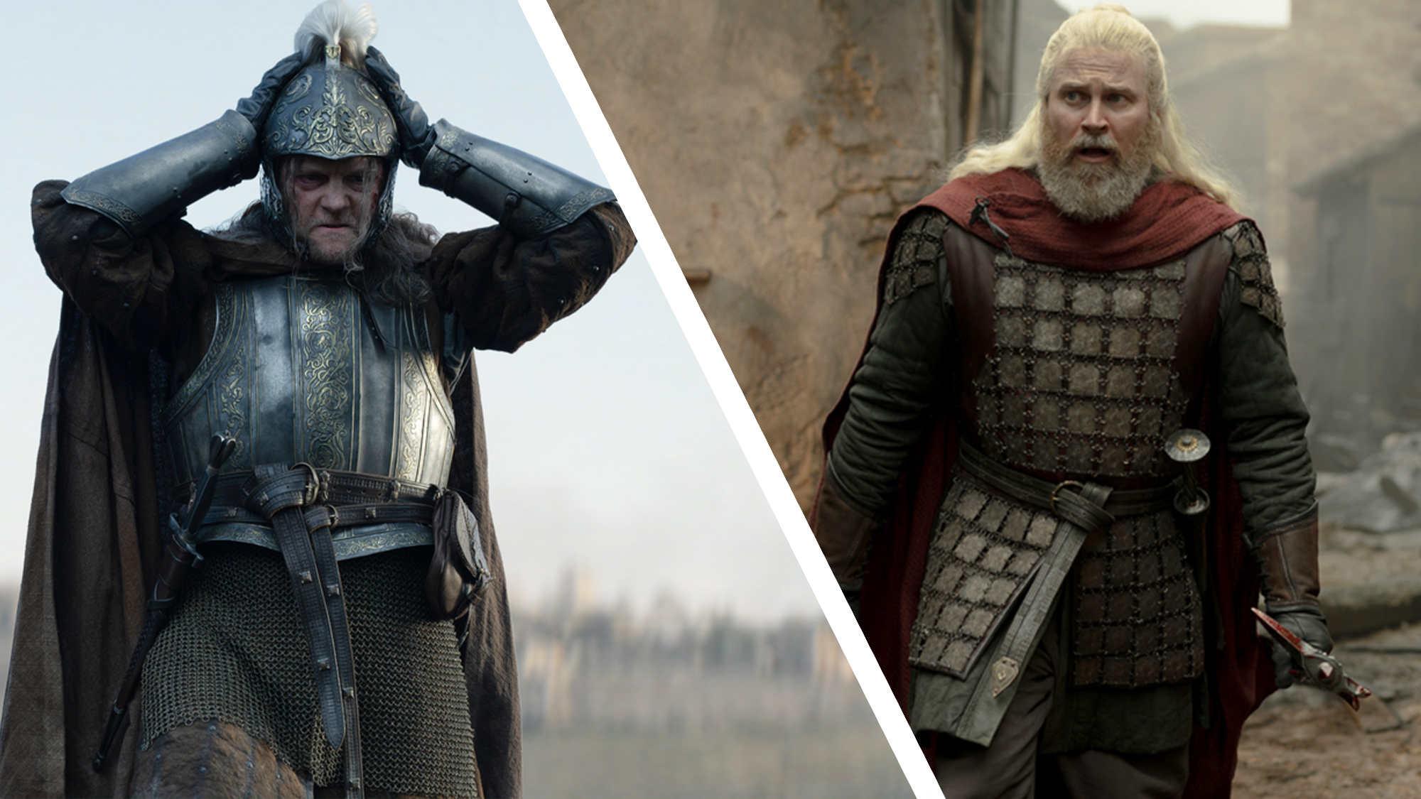 A collage of Ulf wearing his armor and Hugh Hammer walking a destroyed street in House of the Dragon season 3 episode 8