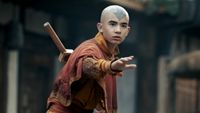 Aang putting his left hand out in caution in the live-action Avatar: The Last Airbender. 