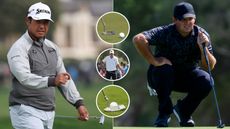 Hideki Matsuyama and Patrick Reed hits putts, with close ups of blade putters