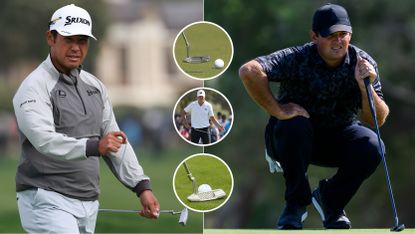 Hideki Matsuyama and Patrick Reed hits putts, with close ups of blade putters
