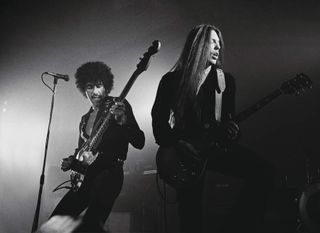 Phil Lynott and Scott Gorham of Thin Lizzy perform on stage at Colston Hall, Bristol, United Kingdom, October 22 1976