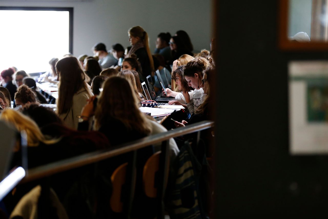 A college classroom. 