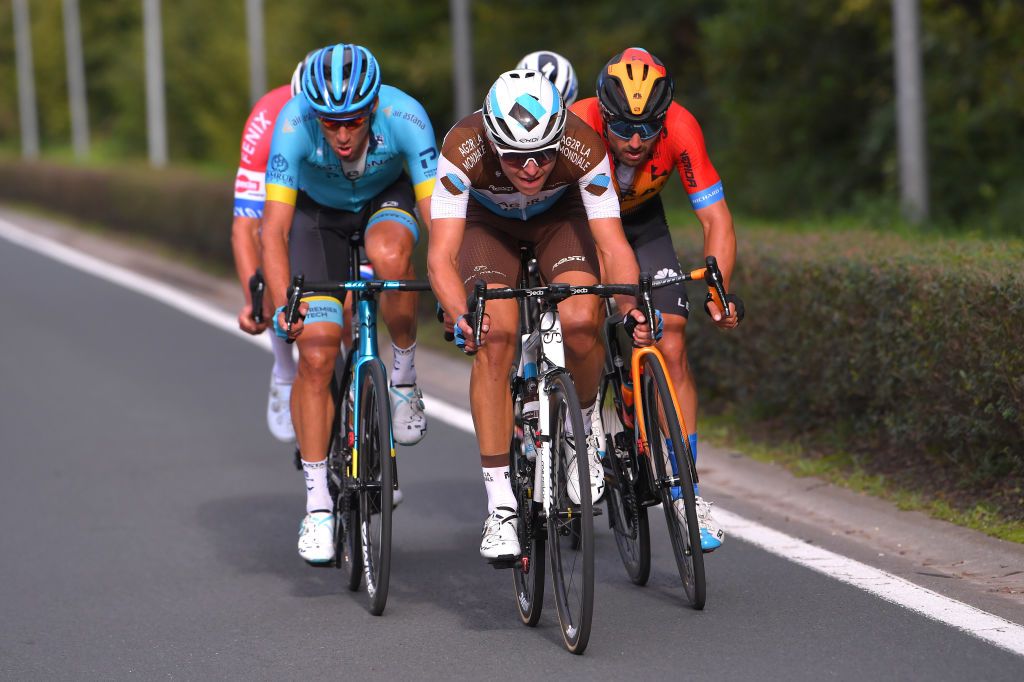 OVERIJSE BELGIUM OCTOBER 07 Benoit Cosnefroy of France and Team Ag2R La Mondiale Omar Fraile Matarranz of Spain and Astana Pro Team Sonny Colbrelli of Italy and Team Bahrain Mclaren Breakaway during the 60th Brabantse Pijl 2020 Men Elite a 197km race from Leuven to OverijseSchavei 106m La Flche Brabanonne BP20 on October 07 2020 in Overijse Belgium Photo by Luc ClaessenGetty Images