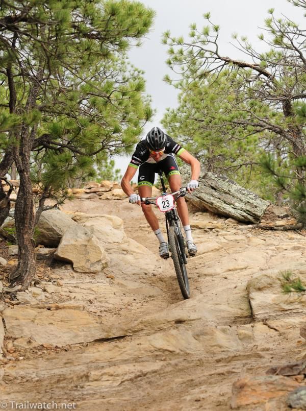 Ryan Trebon (Cannondale) alone during lap two on a technical descent