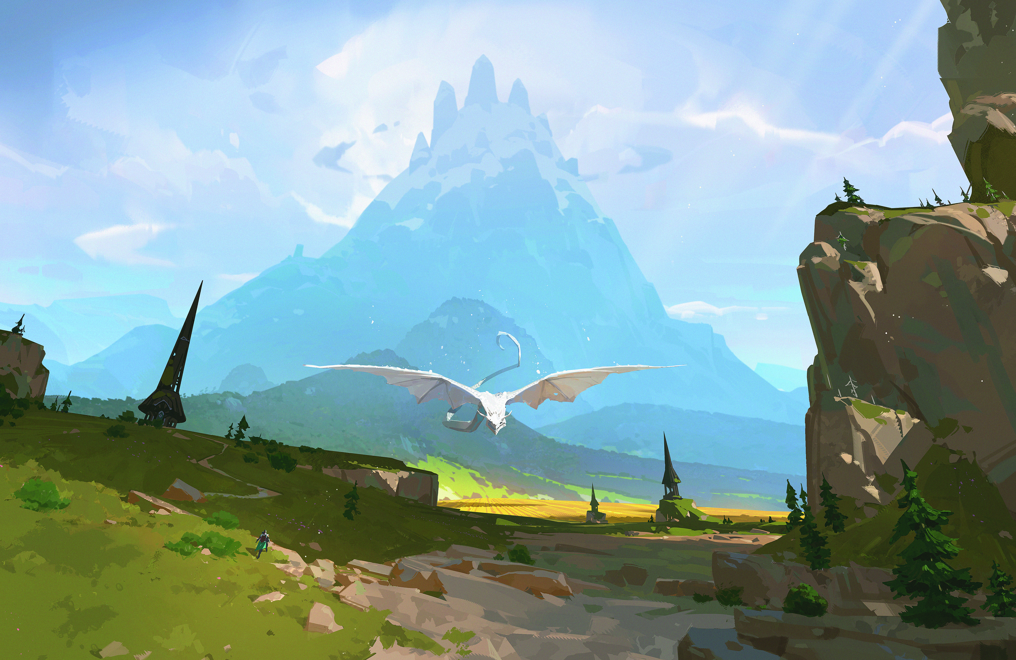 Digital concept art with a painterly style showing a white dragon flying through a valley with a mountain in the distance