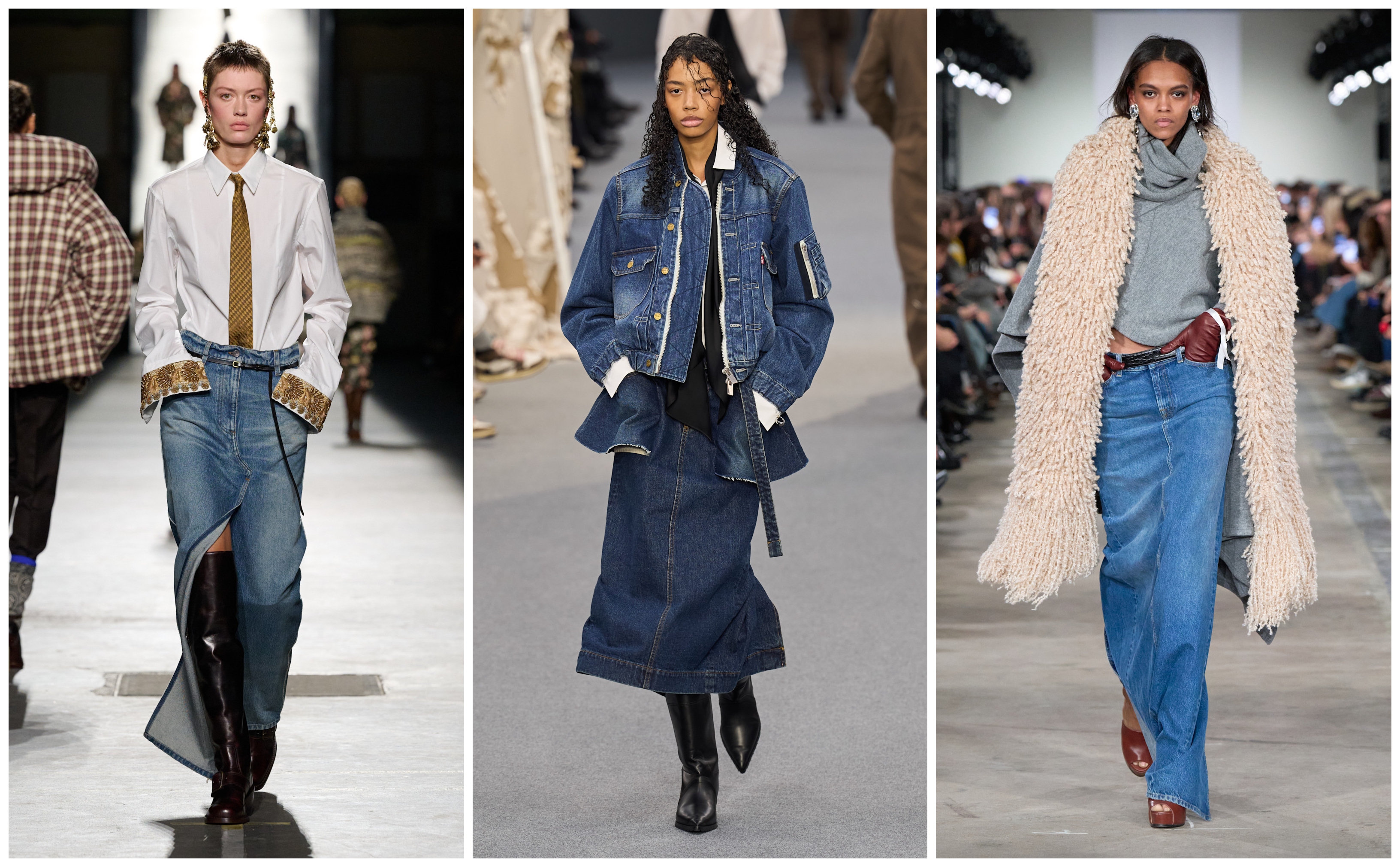 denim skirts on the fall 2026 runways of dries van noten, sacai, and 7 for all mankind