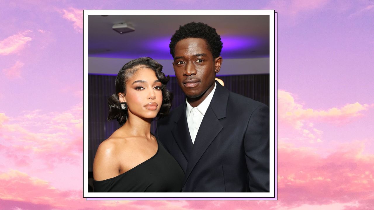  Lori Harvey and Damson Idris pose together as they attend the after party for the sixth and final season of FX&#039;s &quot;Snowfall&quot; on February 15, 2023 in Los Angeles, California./ in a pink and purple sunset template